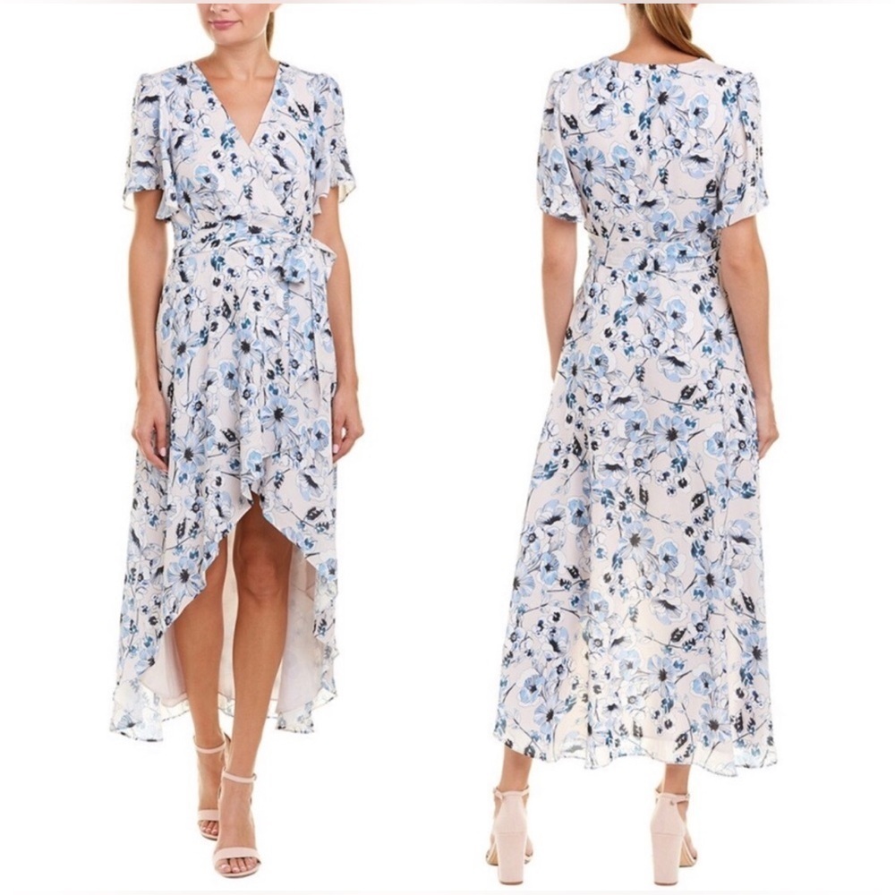 Parker Blue Floral High Low Lined Wrap Belted Dress Small $455 Boho Easter